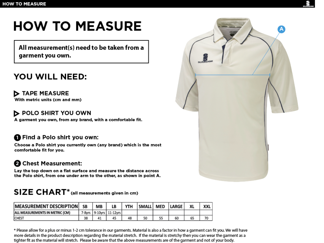 Nocton CC - Premier 3/4 Sleeve Green Trim Shirt - Size Guide
