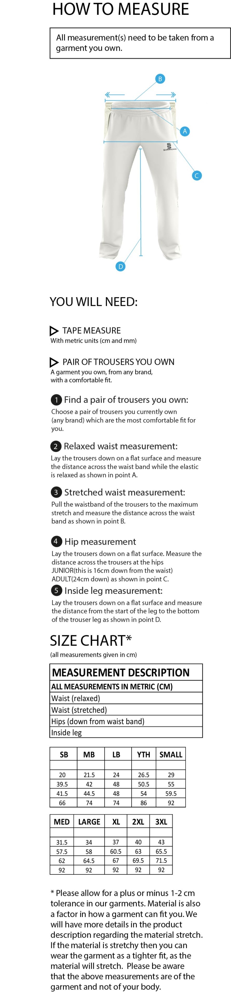 Nocton CC - Standard Playing Pant - Size Guide