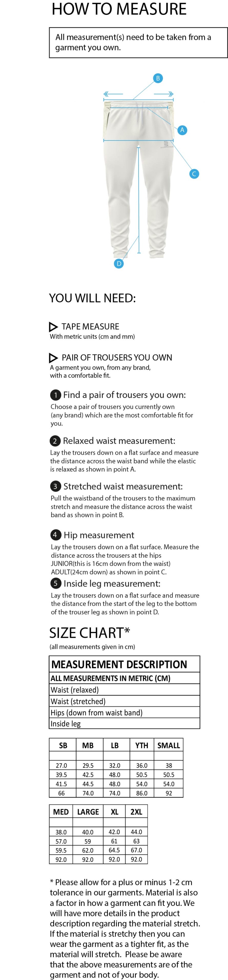Nocton CC - Tek Playing Pant - Size Guide