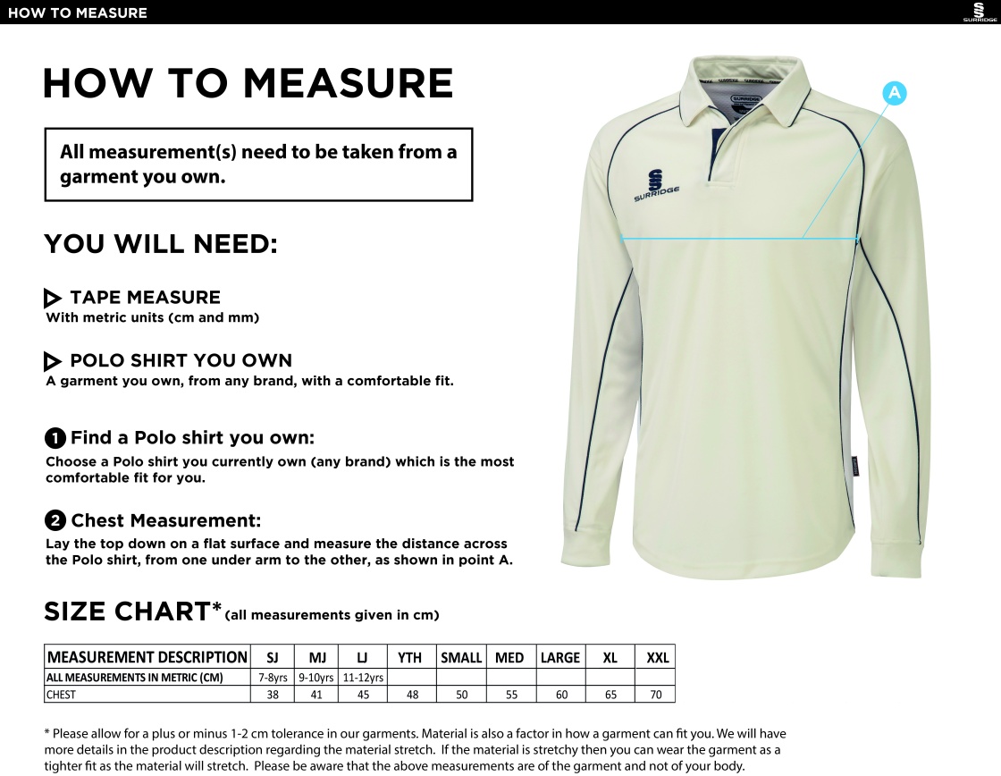 Nocton CC - Premier Long Sleeve Green Trim Shirt - Size Guide